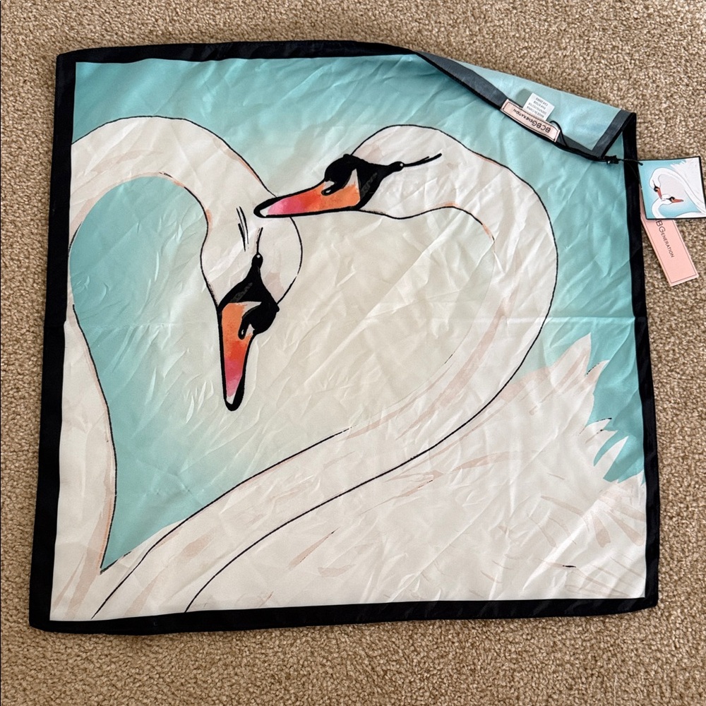 BCBGeneration Aqua and White Swan Print Square Scarf with Black Border- NWT